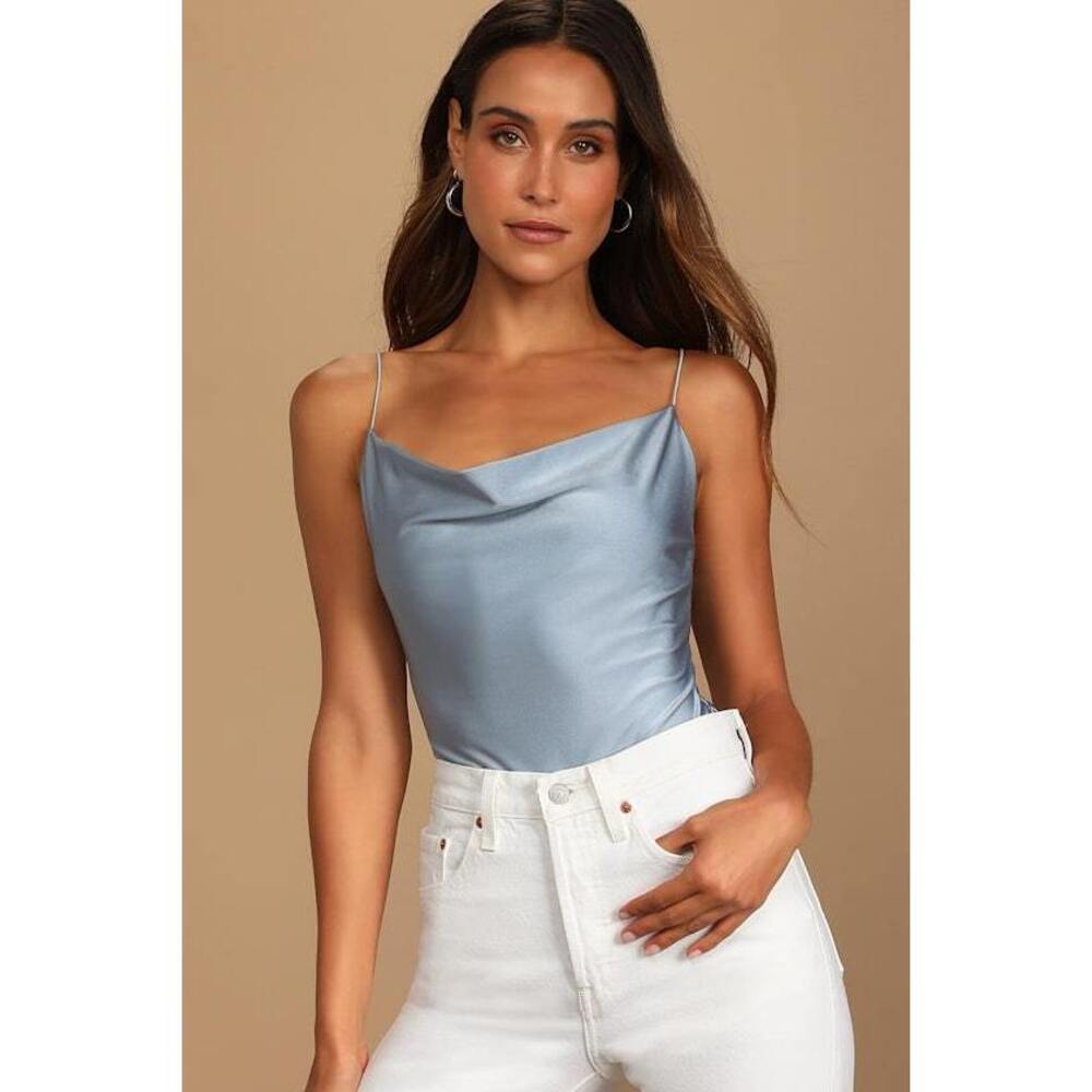 Lulus Talking Smooth Dusty Blue Cowl Neck Bodysuit - Size S